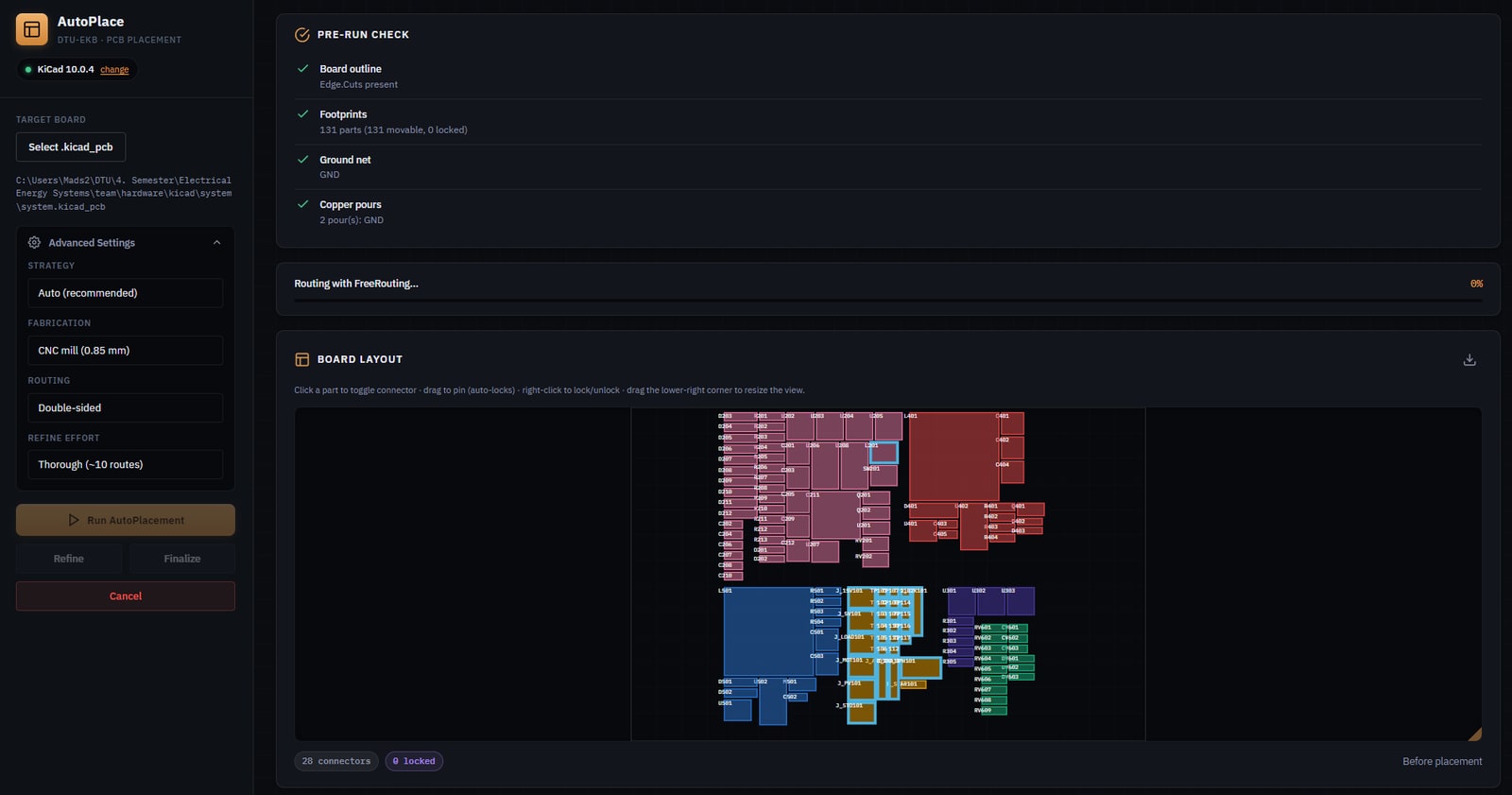 The AutoPlace desktop app — sidebar with strategy/fabrication/routing settings, a green pre-run check, and a board canvas of 131 colour-coded footprints before placement