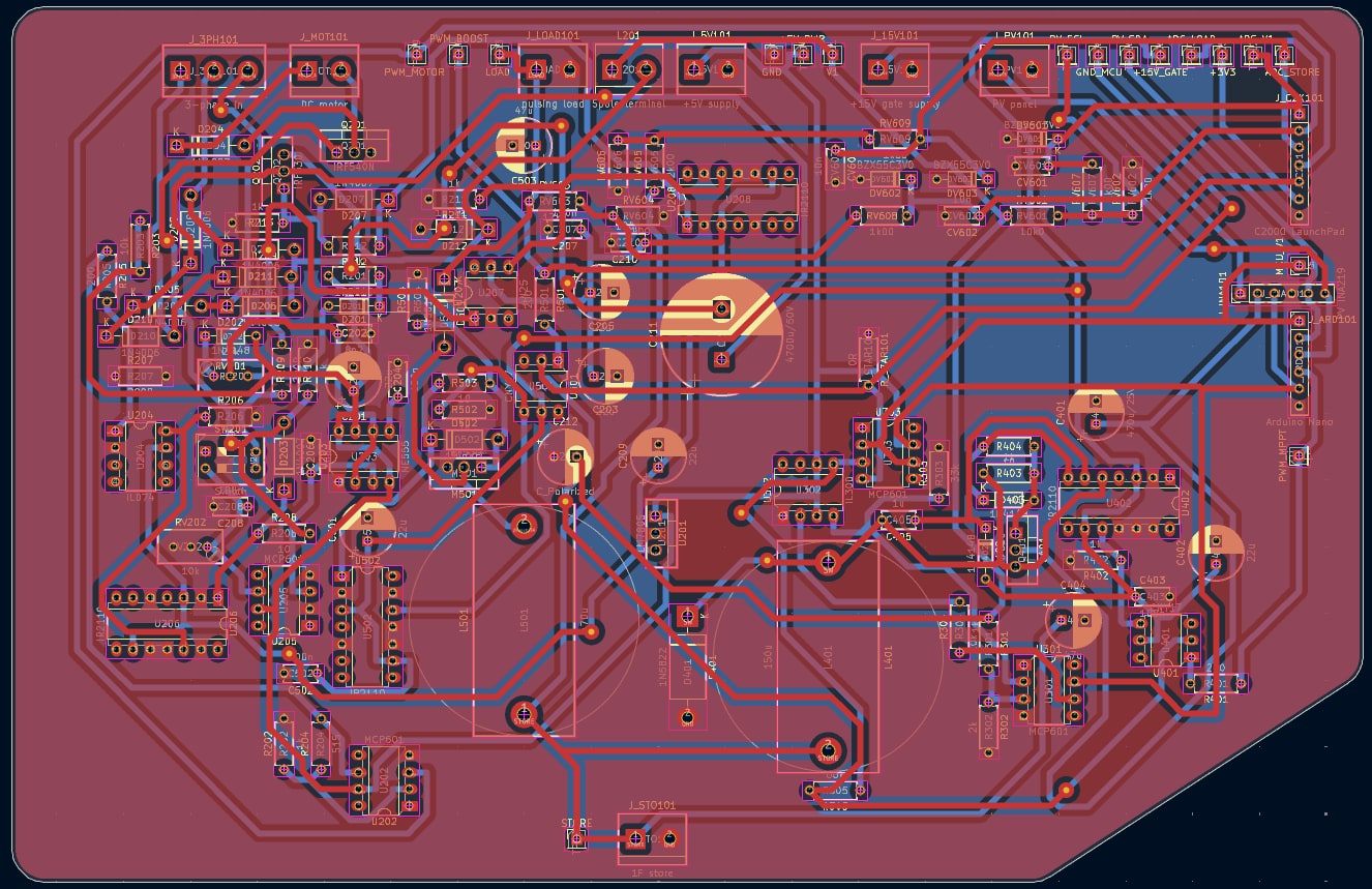 The same board fully placed and routed in the KiCad PCB editor, with copper pours and complete routing