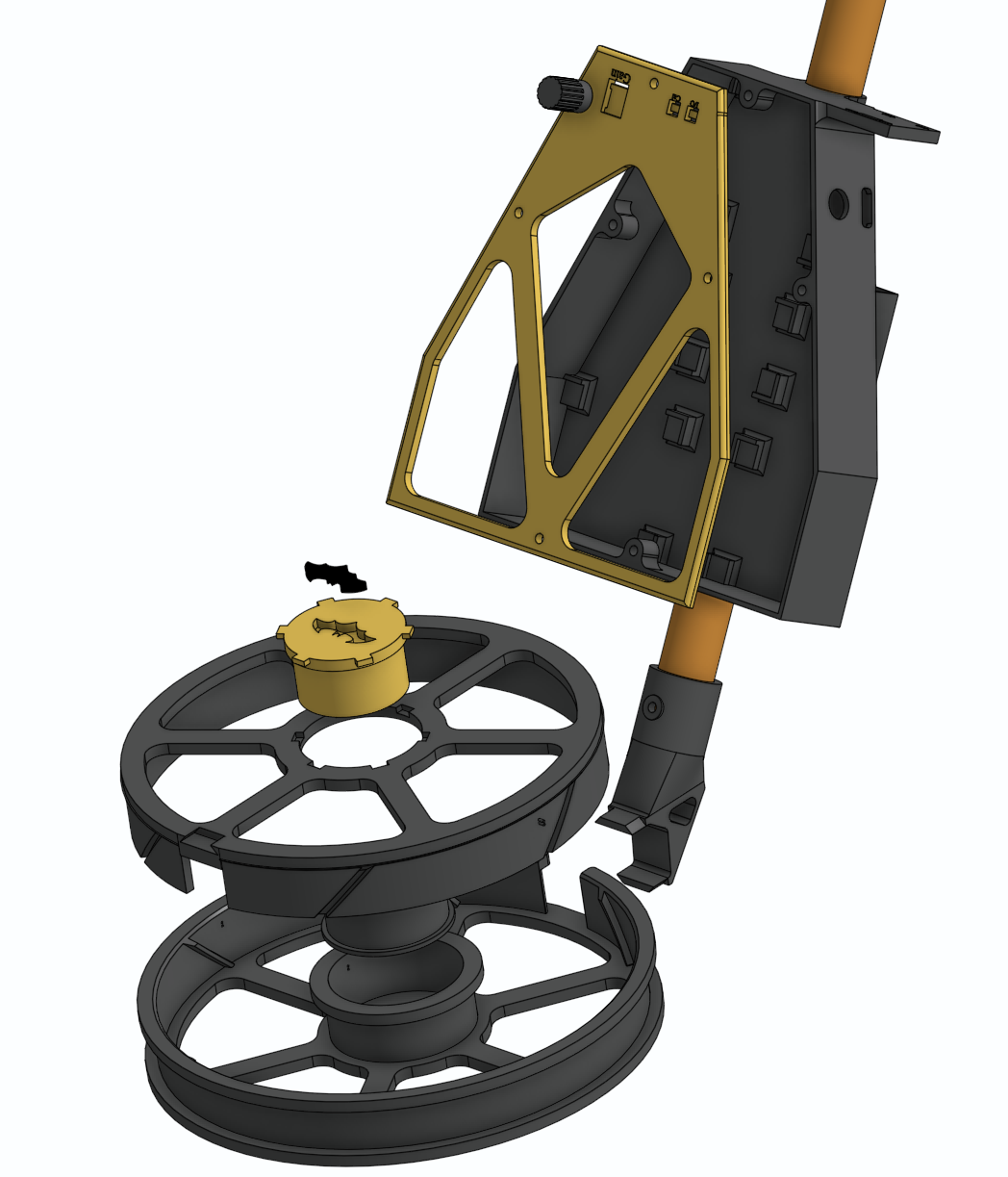3D CAD render of the assembled metal detector — control housing with PCB, shaft, and concentric coil head
