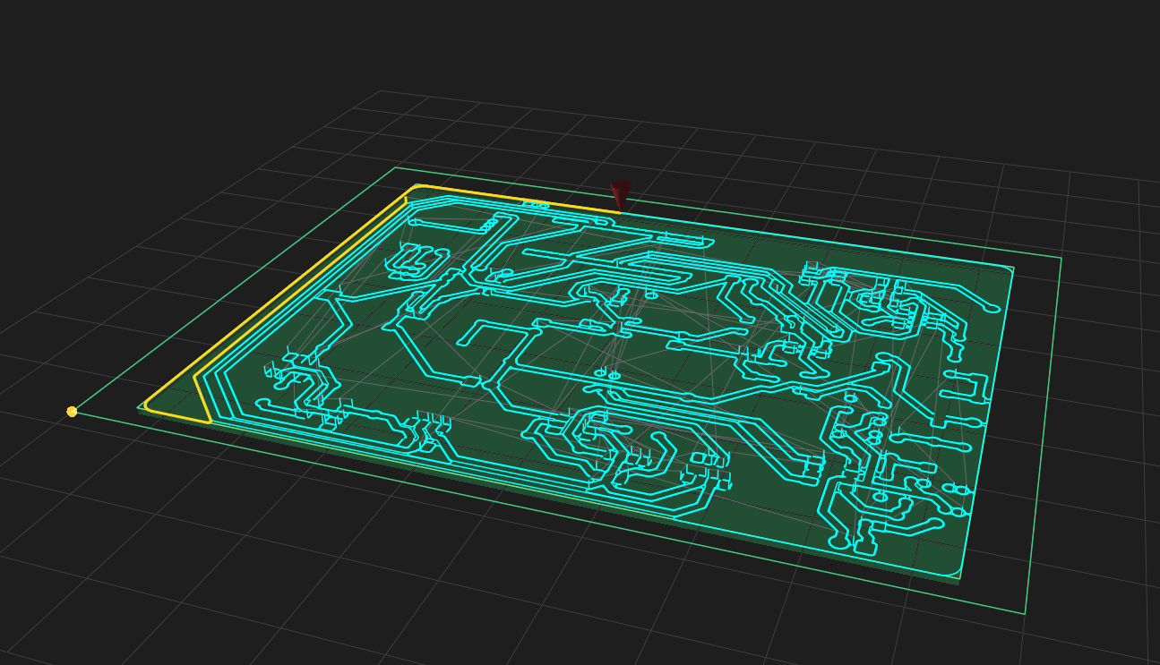 SRM-CAM 3D toolpath viewer showing the isolation traces and cut-out path for a board