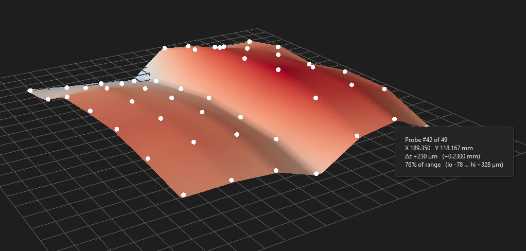 SRM-CAM bed-leveling view showing the probed height map as a warped surface under the toolpaths