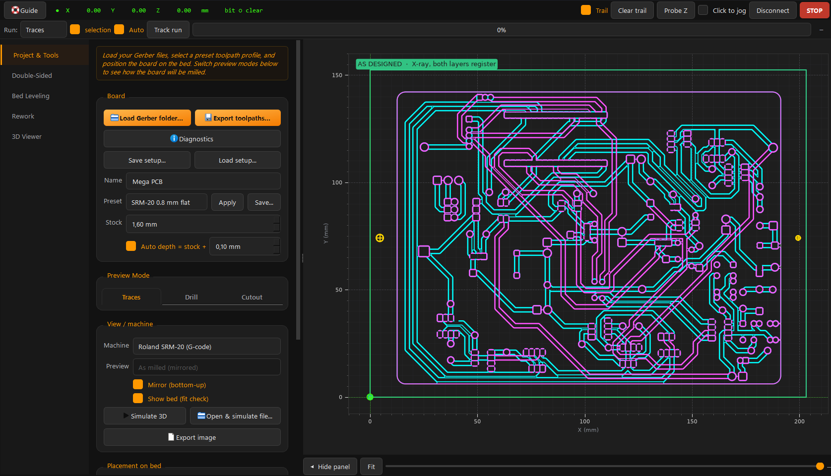 SRM-CAM main interface with a two-layer board loaded in the X-ray register preview